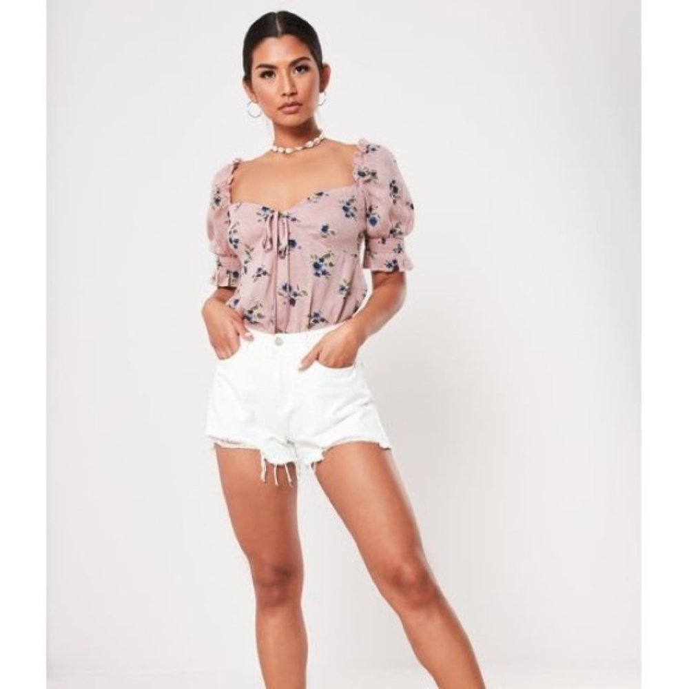 NWT Missguided Pink Floral Puff Sleeve Blouse